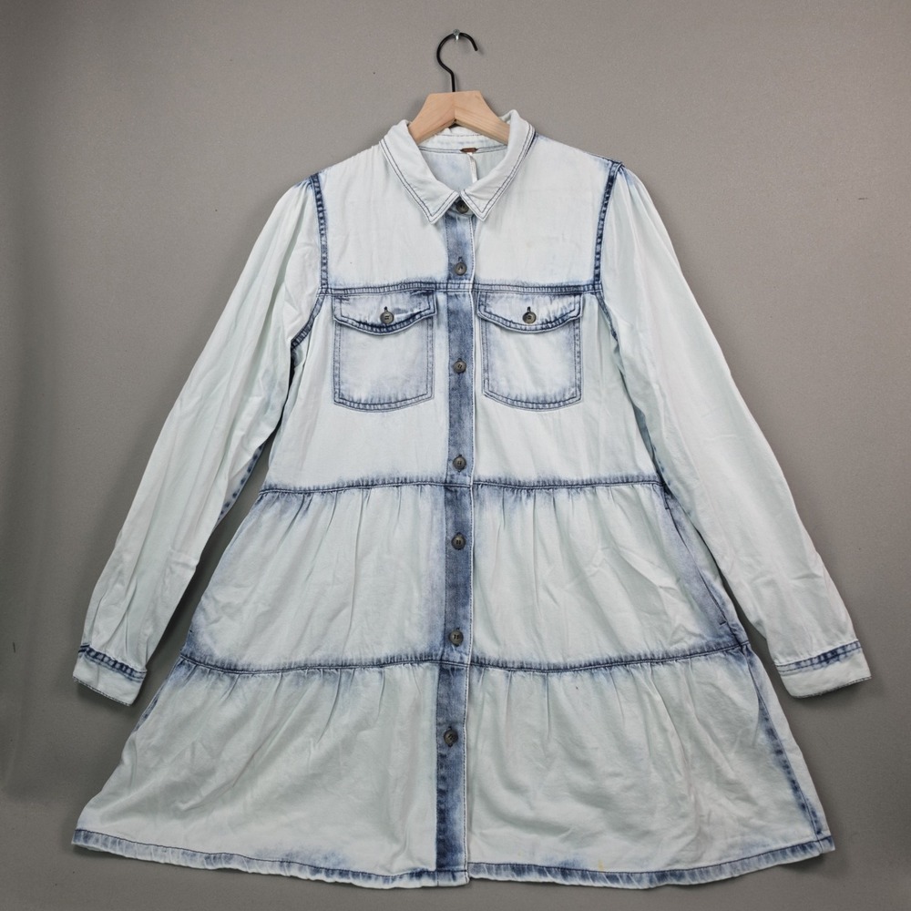 Free People Nicole Denim Shirt Dress Acid Wash Tiered Button Front Womens Large